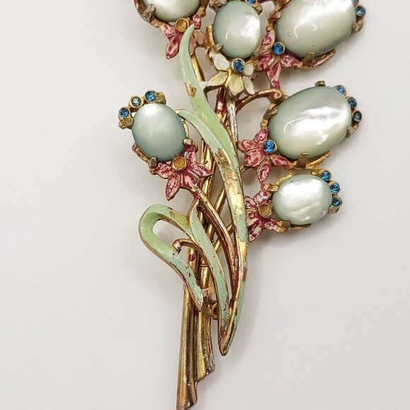 Moonglow Faux Pearl Cabochon Floral Bouquet Brooch Blue Green Pink Statement - Picture 3 of 7